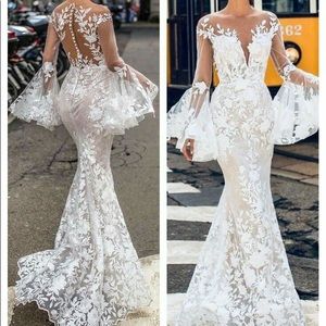 White wedding dress mermaid dress peals and tulle long sleeve